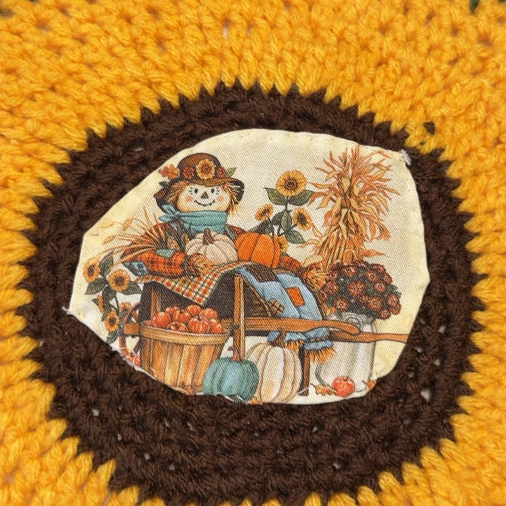Vintage Green Yellow Crocheted Placemats Set of 4, Handmade Round 13